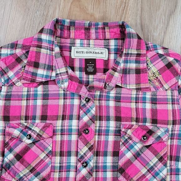 🔺️Bit & Bridle Pink Plaid Flannel Long Sleeve Shirt w/Chest Pockets Medium - Picture 3 of 12
